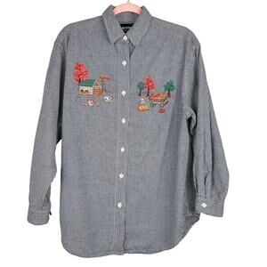 Vintage 90s Fall Embroidered Top Blue Gingham Button Down Momcore
